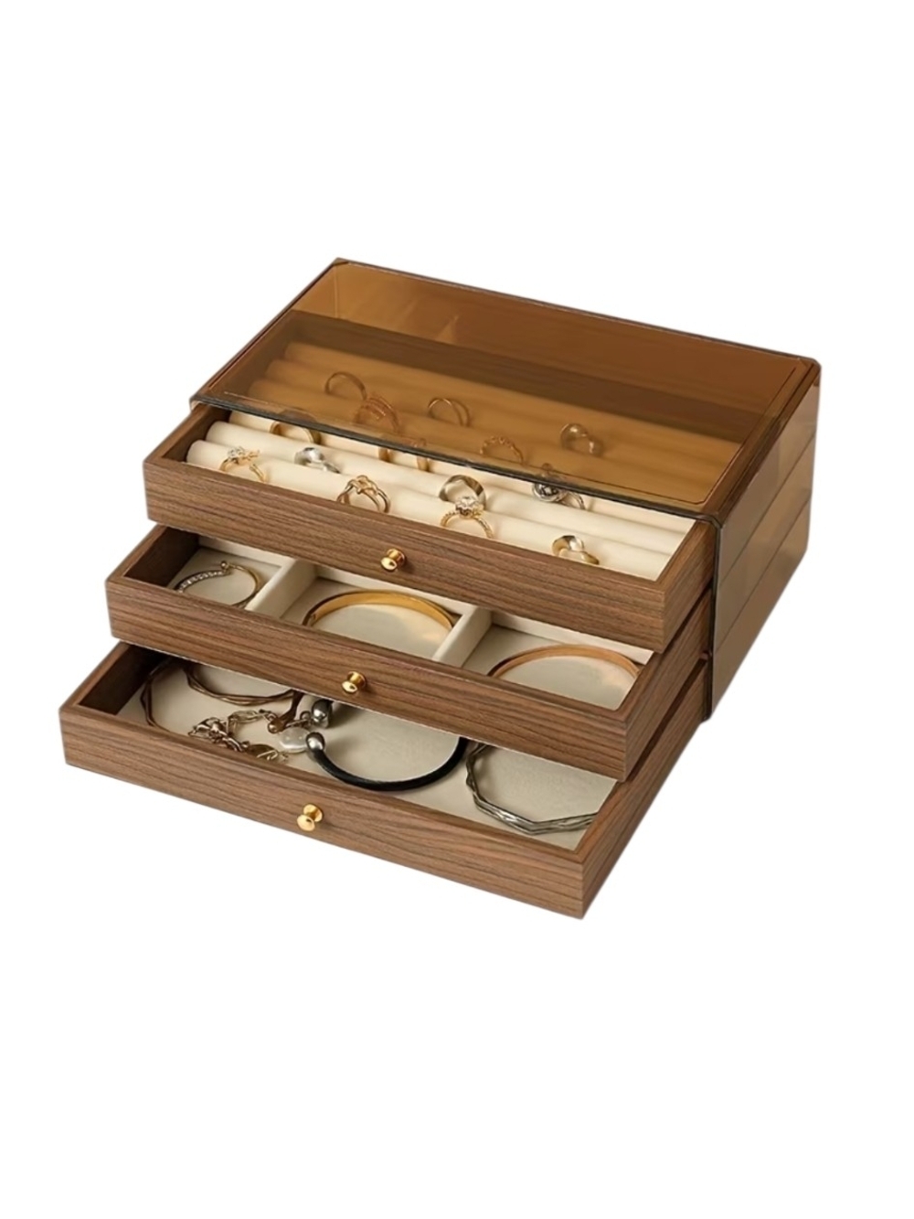 3-Layer Wooden Jewelry Box with Clear Acrylic Lid — New Open Box